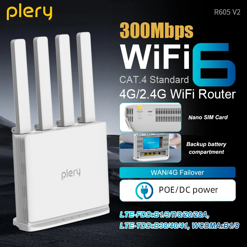 Plery 4G LTE WiFi 6 Router 300Mbps SIM-Karten-Modem POE/DC-Stromversorgung Kabelloser Tragbarer Hotspot für Zuhause Reisen Asien Afrika Europa Image