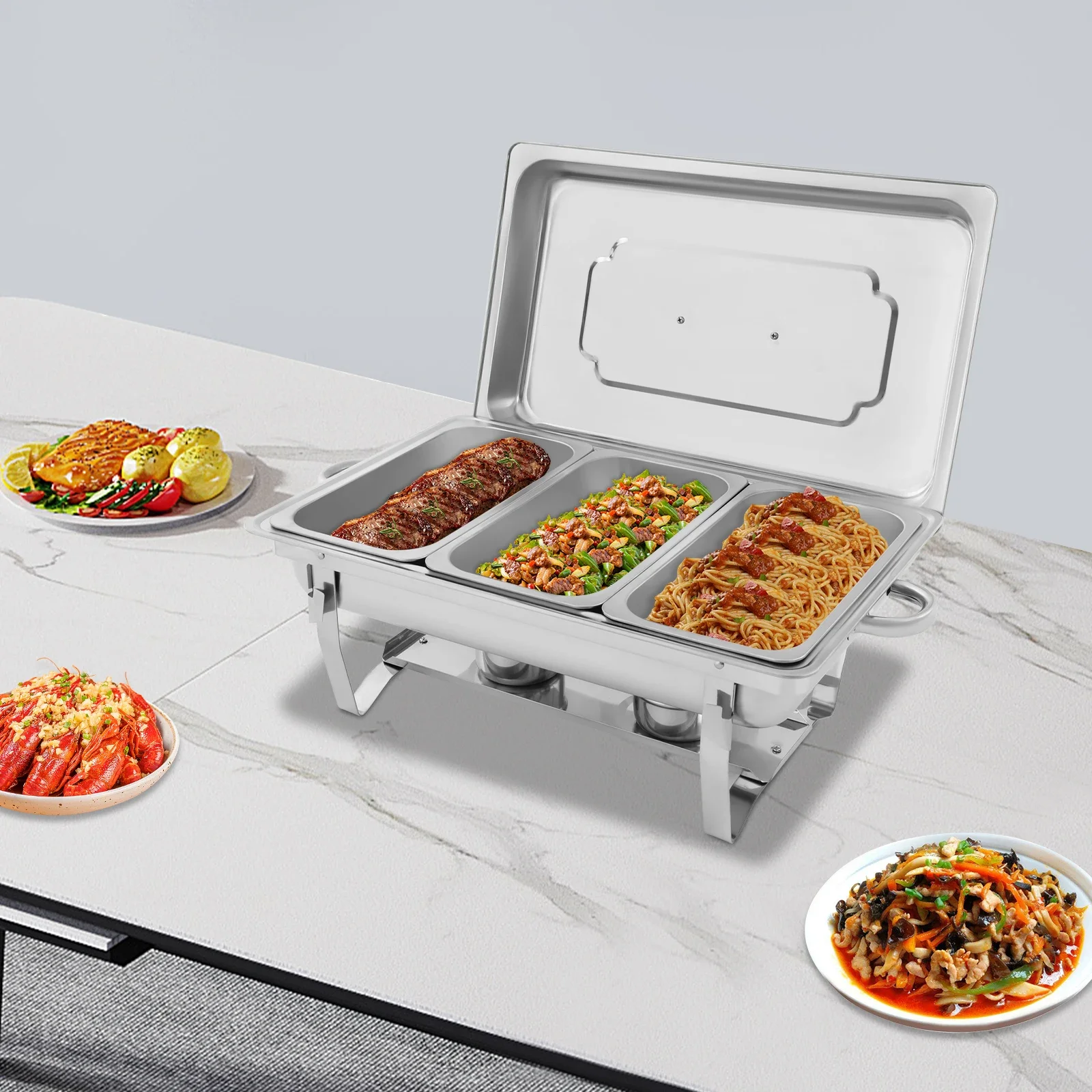 Wärmebehälter aus Edelstahl, 9 l Edelstahl, 3 Gitter, Chafing Dish, Speisenwärmer, Wärmbehälter für Restaurants, Silber