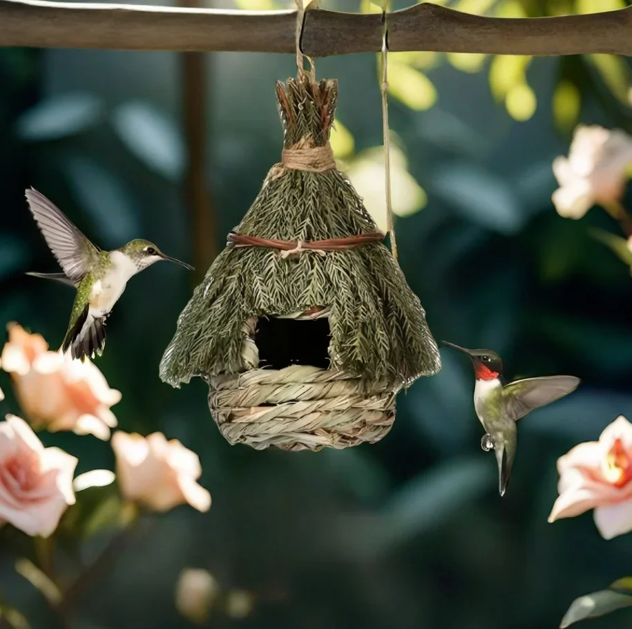 Natürliches handgewebtes Gras-Vogelhaus für Papageien, Finken, hängendes Zuchtnest im Freien mit Dach, Garten- und Terrassendekoration, Vogelkäfig Image