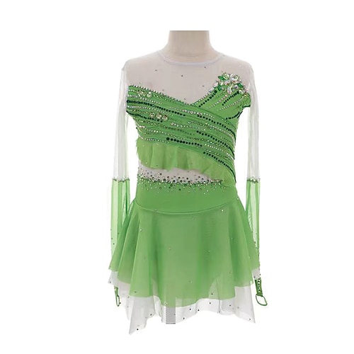 Eiskunstlaufkleid Damen Mädchen Eislaufen Kleid Grün Patchwork Daumenloch Netzstoff Spandex Dehnbar Training Übung Professionell Eiskunstlaufkleidung Thermowarm Kristall / Strass Langarm Eislaufen Image
