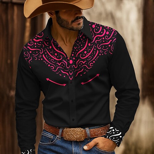 Herren Blumendruck Ethnisch Hemd Westernhemd Knopfhemd Langarm Vintage-Retro Outdoor Lässig Arbeitskleidung Frühling Herbst Umlegekragen 3D-Druck Hemden mit Kragen Schwarz-Rot SchwarzWeiß Schwarz Image
