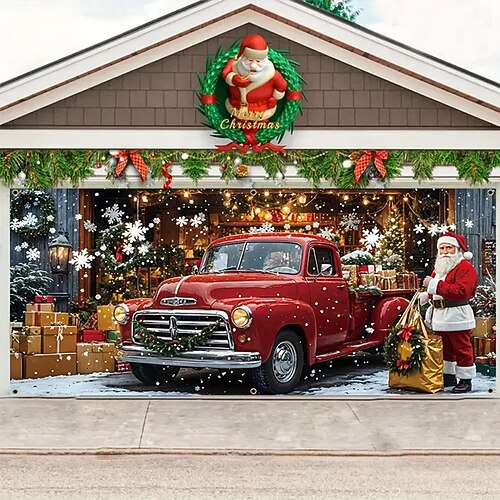 Weihnachten Tapisserie Garagentorabdeckung Großes Hängendes Auto Geschenk Niedlich 3D Party Outdoor Urlaub Hintergründe aufnehmen Yard Wohndeko Image
