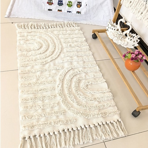 Bodenläufer Bohemian Quasten Teppich für Wohnzimmer und Schlafzimmer Baumwoll-Leinen gewebte Fußmatte weicher rutschfester maschinenwaschbarer Teppich dekorativer Bettvorleger Image