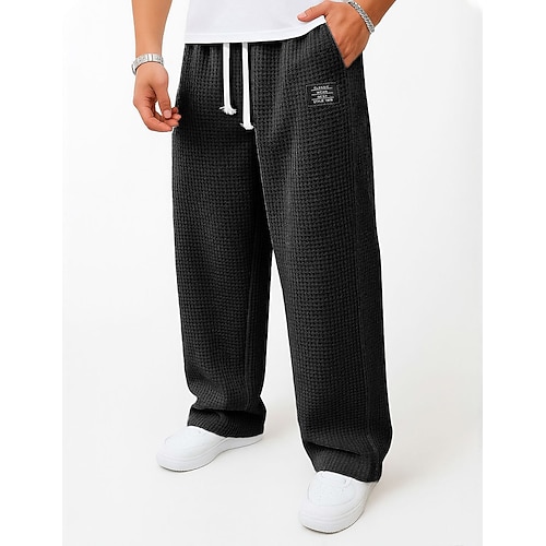 Herren Waffel Jogginghose Hose Baggy-Hosen Jogginghose mit offenem Saum Kordelzug Einfarbig Komfort Volle Länge Outdoor Täglich Streetwear Mode Klassicher Stil Schwarz Marineblau Unelastisch Image