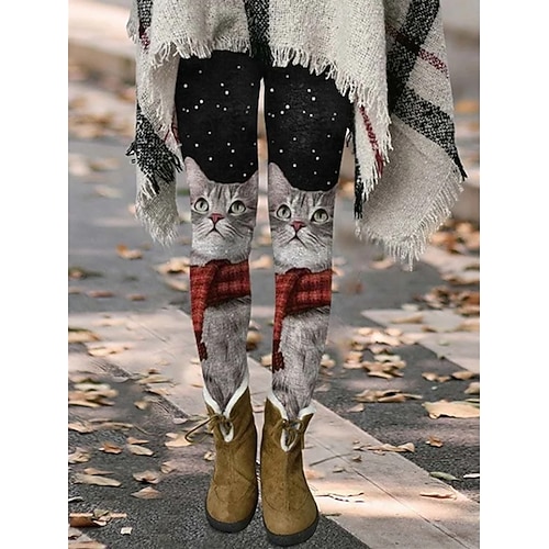 Damen Stoffhosen Leggings Gemütliche Leggings Urlaub Vintage Streetwear Volle Länge Natürliche Taille Grafik Katze Elastischer Bund Druck Bequem Außenbereich Dehnbar Outdoor Streetwear Urlaub Image