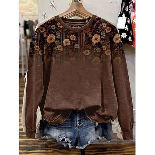Damen Pullover Sweatshirt Blumen Grafik Lässig Langarm Rundhalsausschnitt Normale Oberteile Lässig Heim Arbeit Braun Herbst Winter Image
