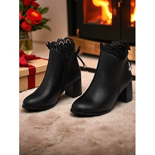 Schwarze Damen-Stiefeletten aus Kunstleder mit Perlenanhänger und Blockabsatz – elegante Winter-Kurzstiefeletten für Damen, perfekt für Büro, Streetwear und Alltagsoutfits Image
