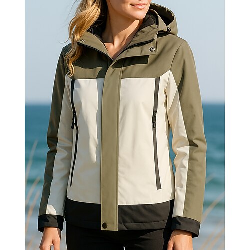 Damen Windjacke Softshelljacke Wanderjacke Außen Wasserdicht Winddicht Wanderoutfits Wanderbekleidung Herbst Oberteil Camping / Wandern / Höhlenforschung Laufen Patchwork Schwarz Gelb Armeegrün Image