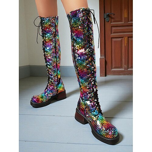 türkisfarbene, kniehohe Schnürstiefel für Damen mit Pailletten – glitzernde Party-Schuhe im Combat-Stil für das Nachtleben und Club-Outfits Image