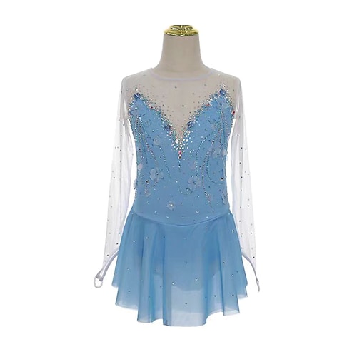 Eiskunstlaufkleid Damen Mädchen Eislaufen Kleid Himmelblau Patchwork Daumenloch Netzstoff Spandex Dehnbar Training Übung Professionell Eiskunstlaufkleidung Thermowarm Kristall / Strass Langarm Image