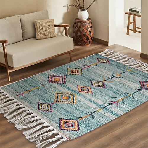 Teppiche Geometrischer Gewebte Teppich für Wohnzimmer und Schlafzimmer Minimalistisches Muster Staubabweisender Teppich Weich Rutschfest Maschinenwaschbar Teppich Ethnischer Stil Dekorative Fußmatte Image