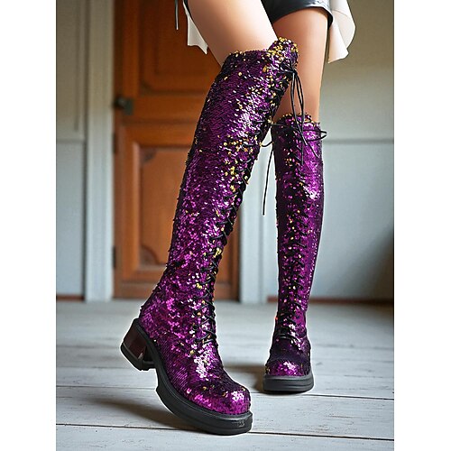 türkisfarbene, kniehohe Schnürstiefel für Damen mit Pailletten – glitzernde Party-Schuhe im Combat-Stil für das Nachtleben und Club-Outfits Image