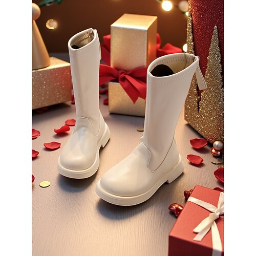 Von koreanischen Idols inspirierte Popstar-Kostümschuhe, weiße Kunstlederstiefel für Mädchen bis zur Wadenmitte mit seitlichem Reißverschluss, bequeme Sohle, modisches Performance-Schuhwerk für Bühne, Image