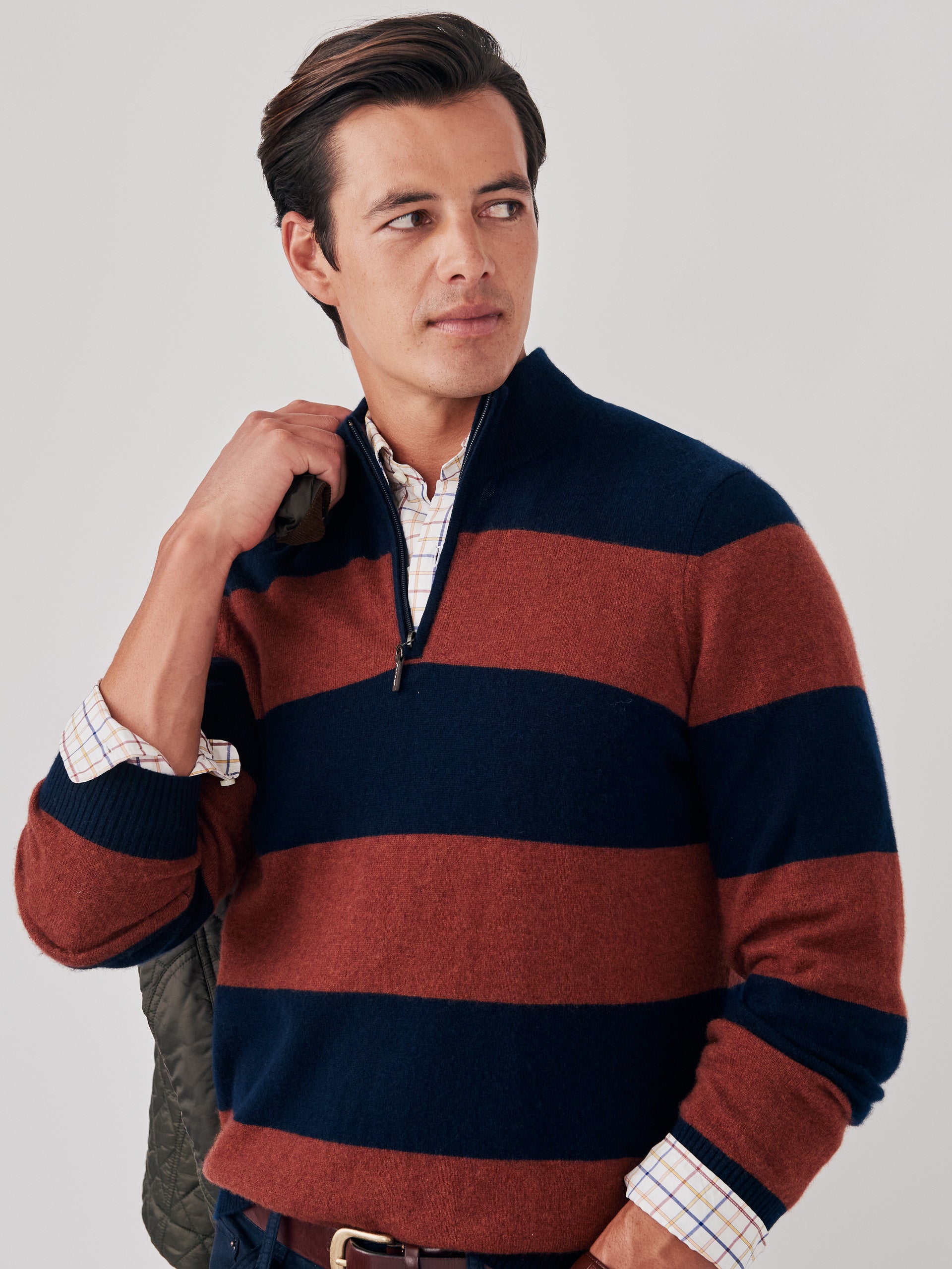 J.McLaughlin Men's Henry Cashmere 1/4 Zip Top in Stripe Navy/Rust, Size Medium