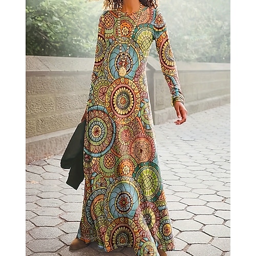 Per donna Abito Lungo Maxi Abito Abito Boho Elegante Vintage Moda All'aperto Feste Quotidiano Vestibilità regolare Ombre Grafico Farfalla Manica Lunga Girocollo Giallo Chiaro Grigio nero Nero Giallo