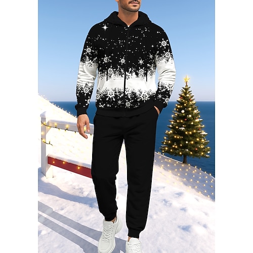 Natale Per uomo Felpa con cappuccio Tuta da Ginnastica Felpa con cappuccio con zip Coulisse Tasche Pantaloni Felpa con Cappuccio Felpa Autunno Nero con Bianco Bianco nero Allenamento in Palestra