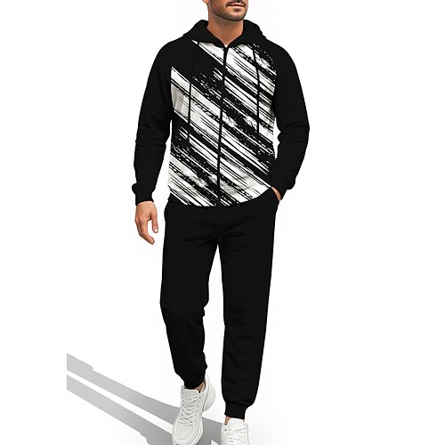 Per uomo Felpa con cappuccio Tuta da Ginnastica Felpa con cappuccio con zip Coulisse Tasche Geometrico Pantaloni Felpa con Cappuccio Felpa Autunno Bianco / Nero Allenamento in Palestra Casuale