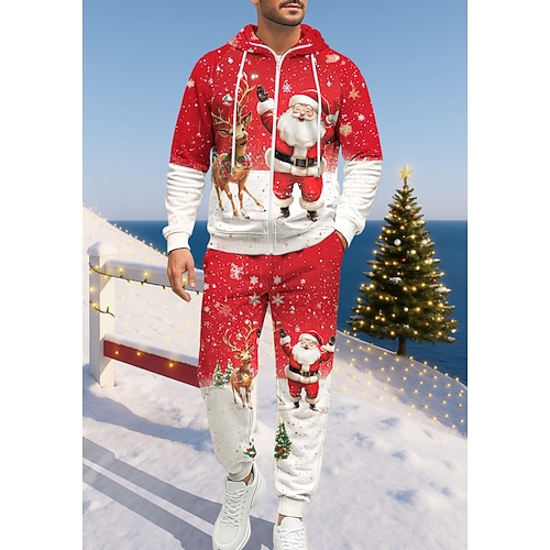 Natale Per uomo Felpa con cappuccio Tuta da Ginnastica Felpa con cappuccio con zip Coulisse Tasche Pantaloni Felpa con Cappuccio Felpa Autunno Bianco rosso Allenamento in Palestra Casuale