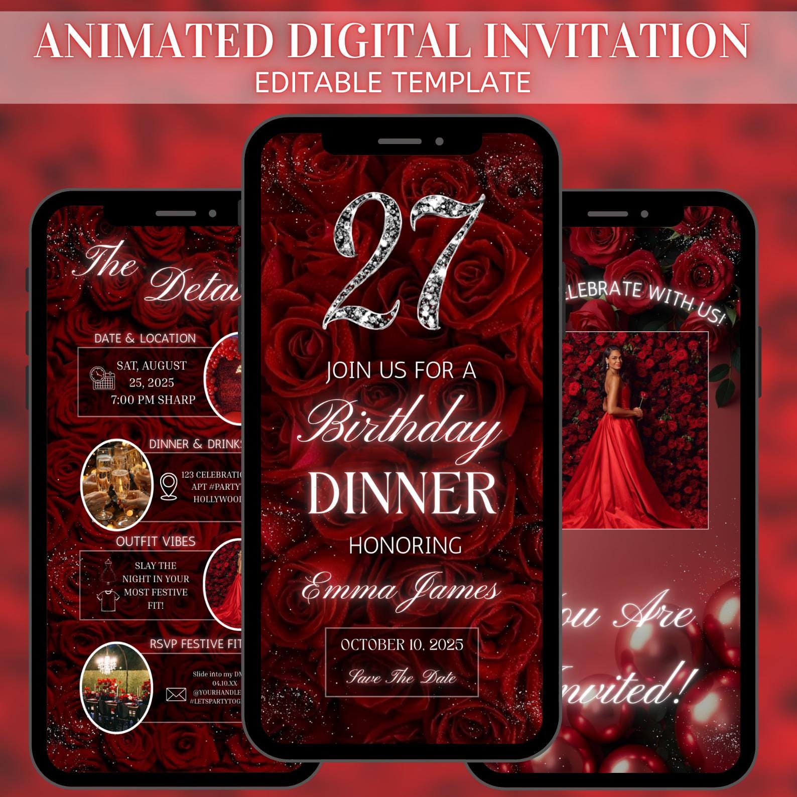 Invito digitale per cena di compleanno, modello modificabile, tema rosa rossa, invito digitale per festa di compleanno, invito per compleanno, modello