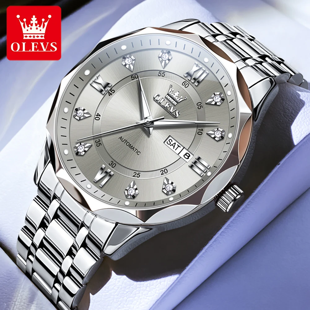 OLEVS 6727 Herrenuhren, Business-Mode, originelle automatische mechanische Uhr für Herren, graue Doppelskala, wasserdicht, leuchtendes Datum Image