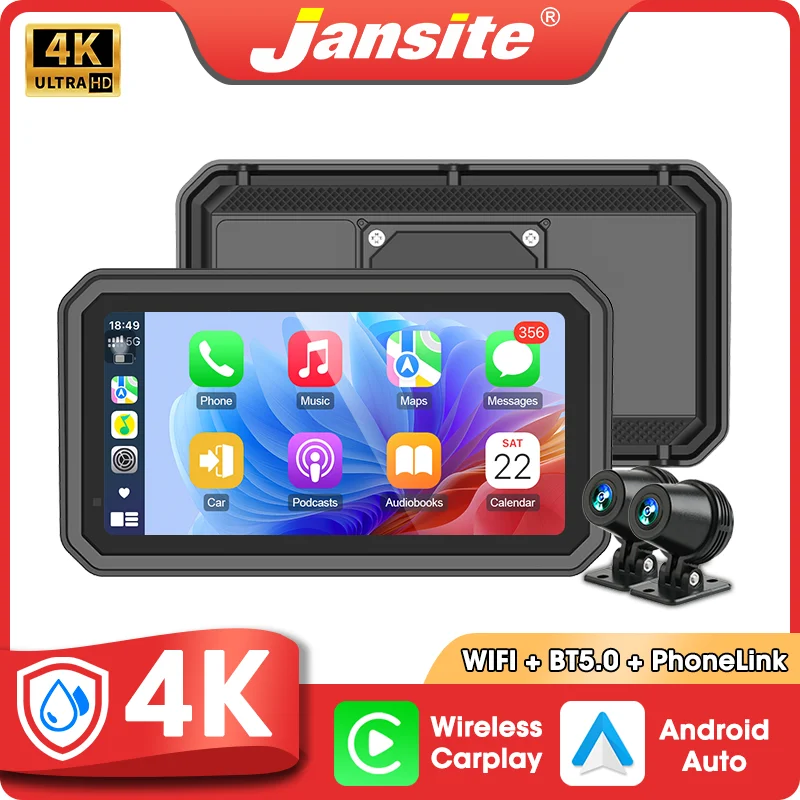 Jansite 6,25 Zoll 4K/1080P Motorrad Wireless Carplay Android Auto Digital Motorrad Armaturenbrett GPS Navigation Moto Zubehör Image