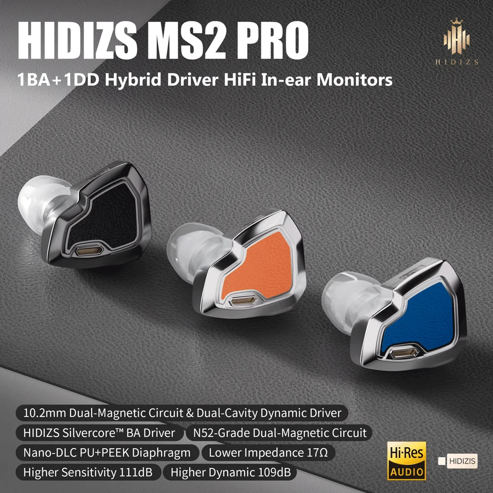 HIDIZS MS2 PRO HiFi-Kopfhörer 1BA + 1DD Hybrid Hi-Res Audio In-Ear-Monitore Ohrhörer 0,78 mm kabelgebundener Kopfhörer IEM Image