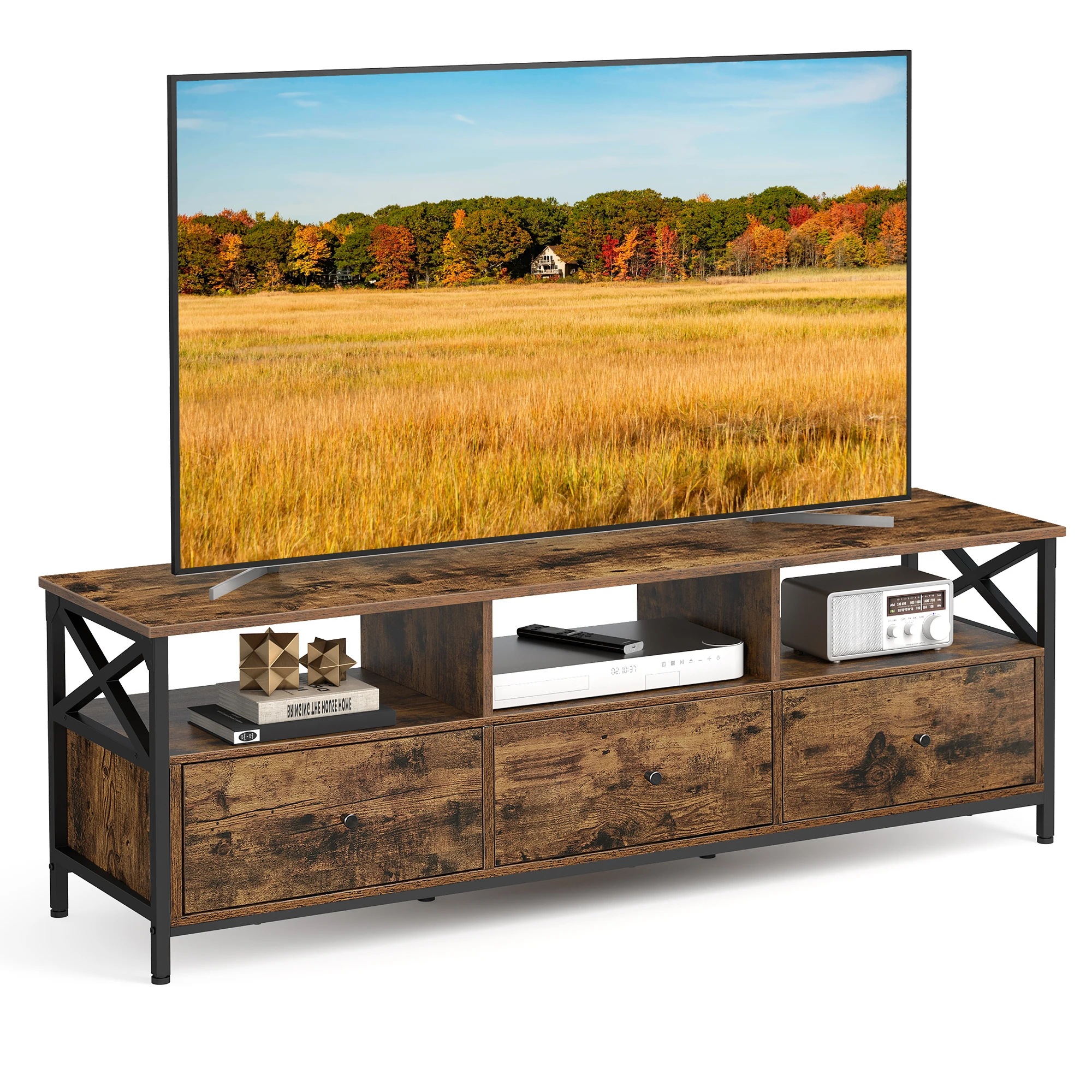 VASAGLE TV-Schrank, Lowboard für Fernseher bis zu 65 Zoll, TV-Regal mit 3 Schubladen, 147 x 40 x 50 cm, Industrie-Design Image