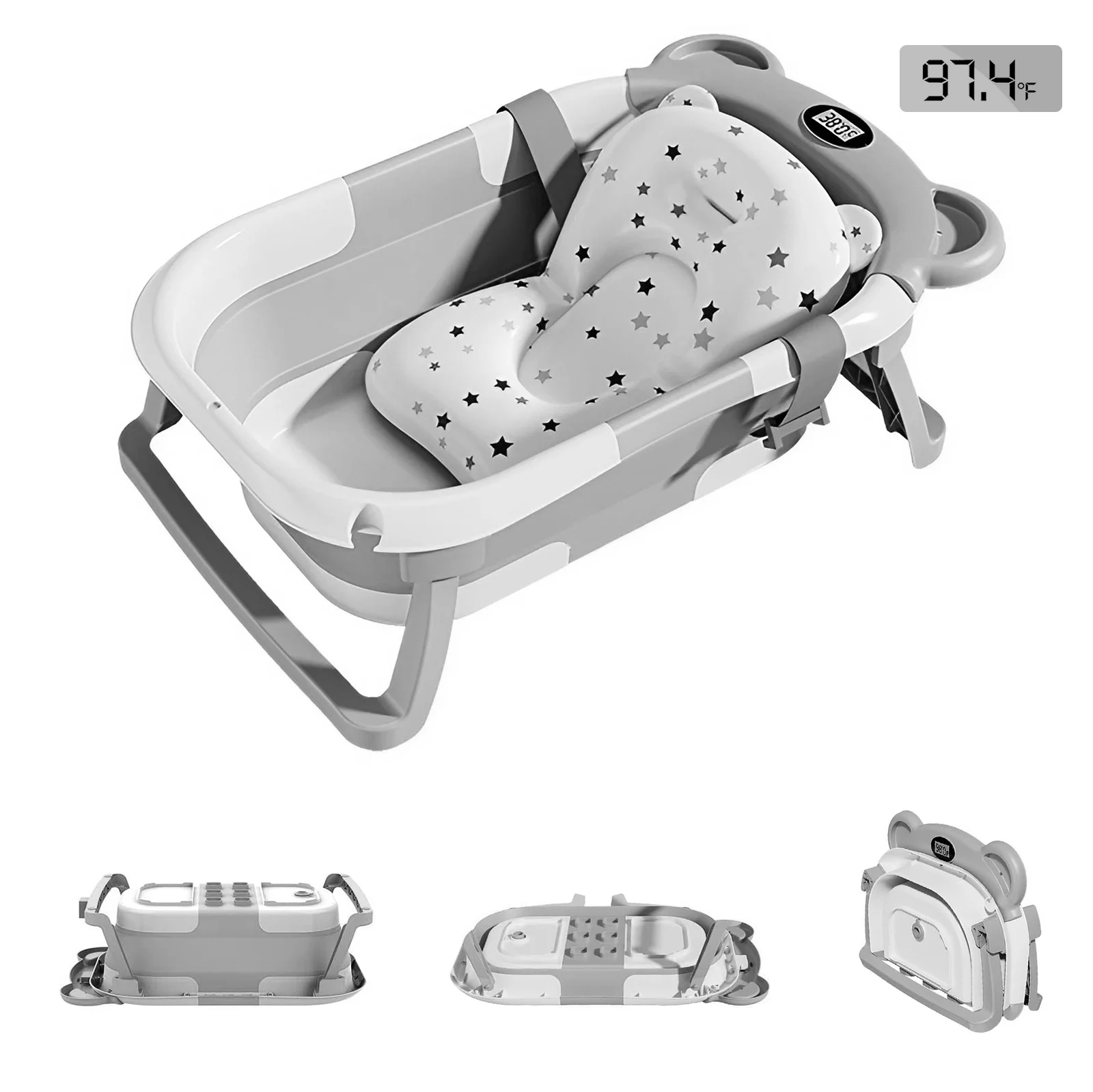 Tragbare Reisebadewanne, zusammenklappbare Babybadewanne, mit Thermometer und 1 weichem schwimmendem Kissen, mit Abflussloch, für Babys von 0–36 Monaten Image