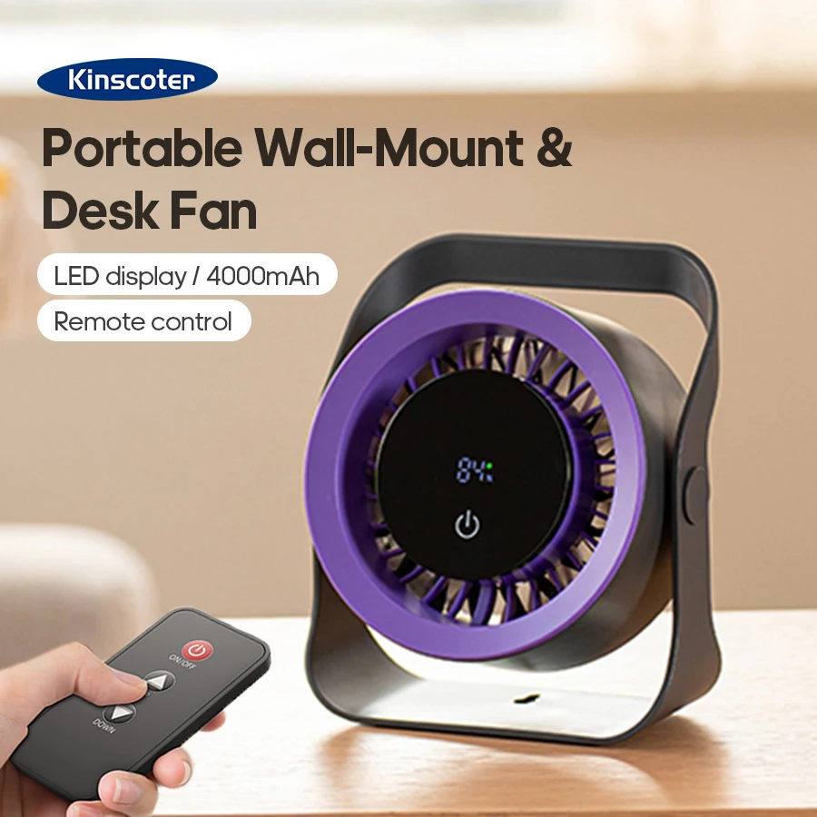 Kinscoter 4000 mAh wiederaufladbarer Wandventilator, 100 Geschwindigkeiten einstellbar, tragbarer Schreibtischventilator, Luftkühlungsventilator mit Fernbedienung für den Außenbereich Image