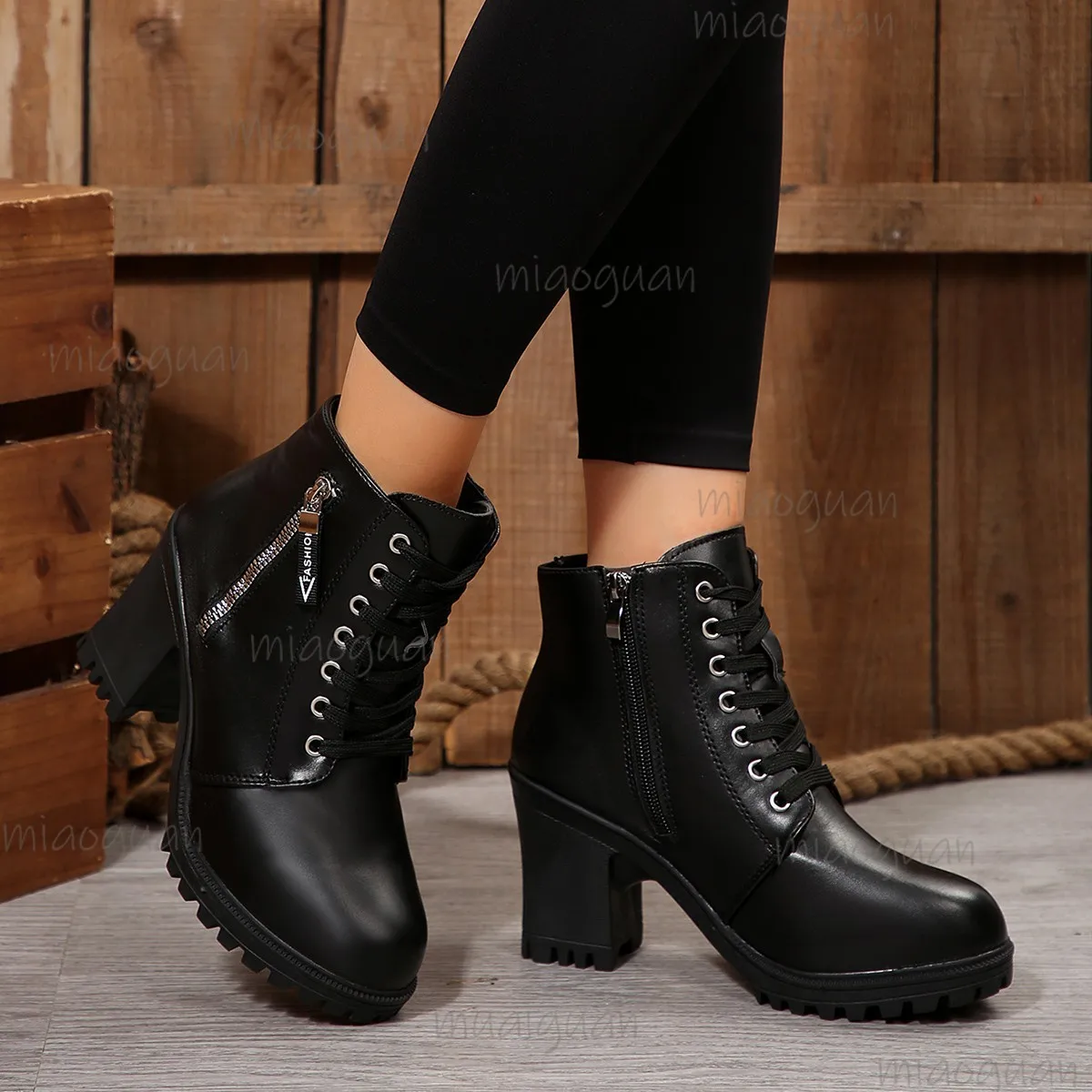 Herbst frauen High Heels Stiefeletten Schwarz Plattform Runden Kopf Chunky Heeled Frauen Schuhe Casual Leder Kurze Botines Mujer