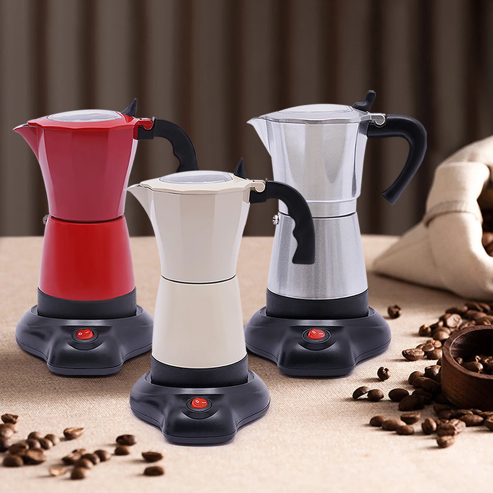 Rot/Silber/Weiß 300 ml Espressomaschine | 220 V/480 W elektrischer Mokka aus Aluminium, 6 Tassen | One-Touch-Bedienung für das Heimbrauen