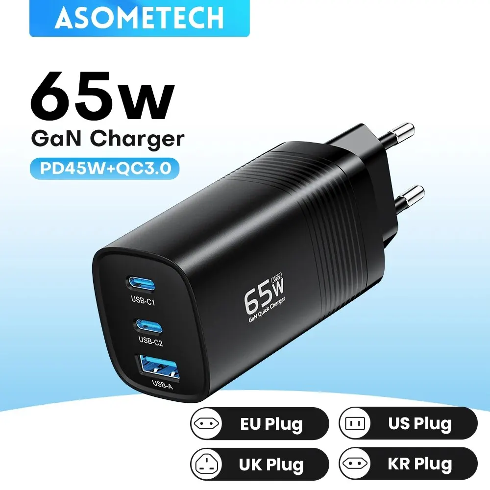 Asome tech gan usb typ c ladegerät 65w 45w pps pd qc 4,0 schnell ladegerät für macbook laptop ipad tablet iphone 14 samsung s23 ultra Image