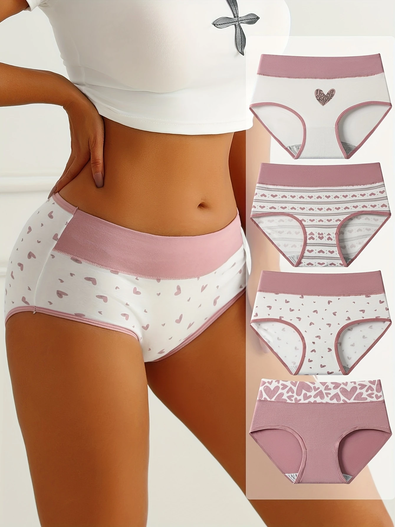 4 Stück bedruckte Damen-Unterhose aus reiner Baumwolle, antibakteriell, bequem, atmungsaktiv, hohe Taille, eng, große Hüfte, Dreiecksunterhose Image