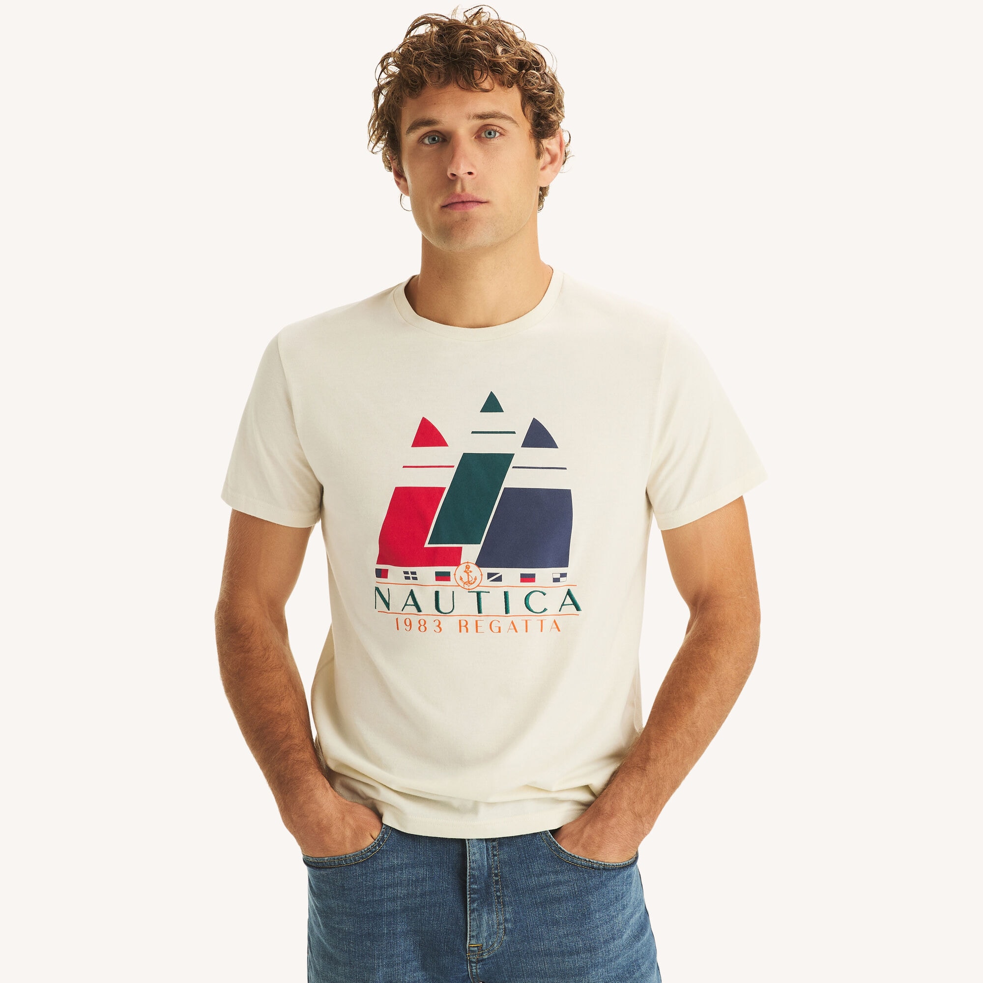 Nautica Men's Vintage Sailing Graphic T-Shirt 172 (Natural), S