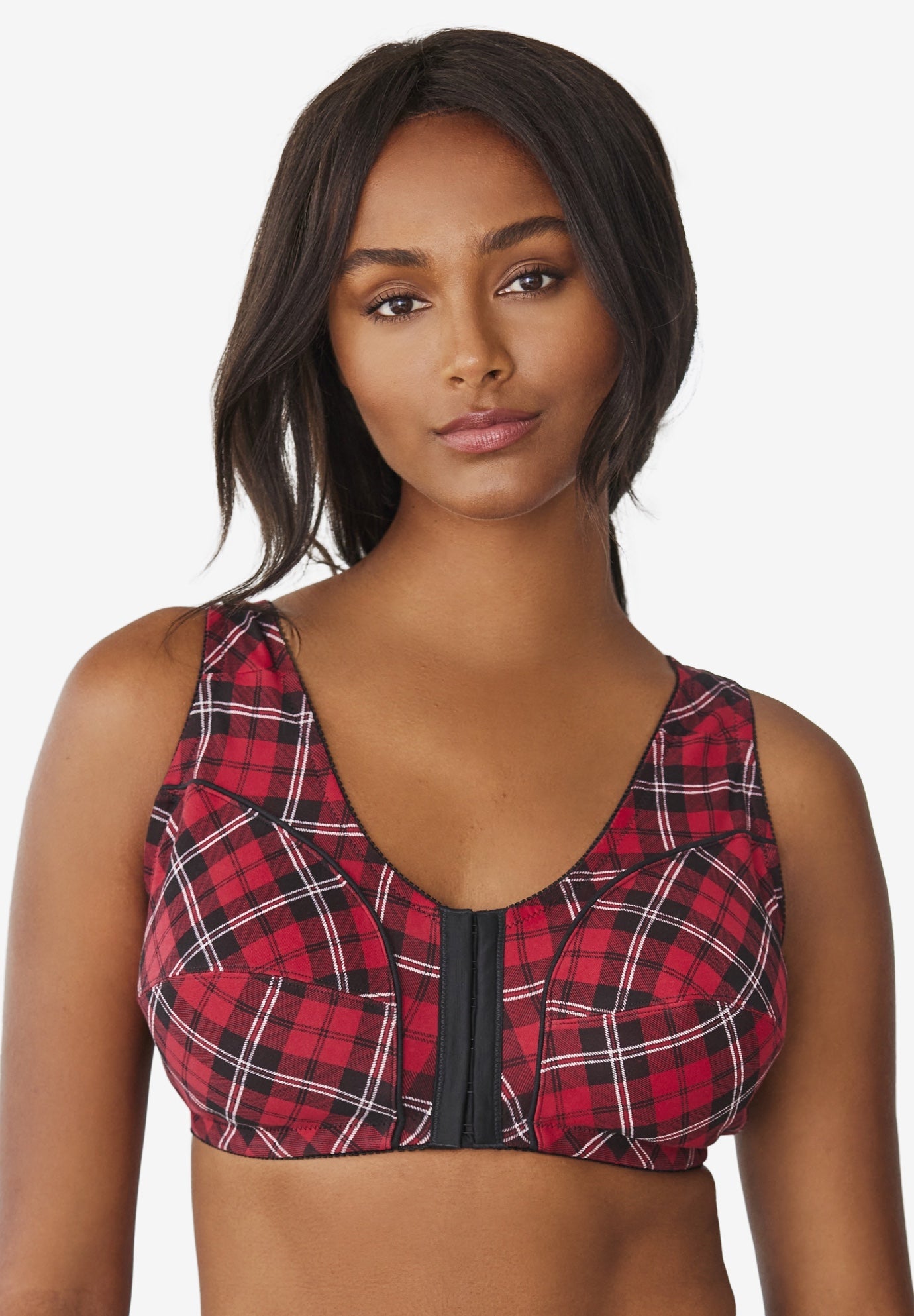 Plus Size Women's Cotton Front-Close Wireless Bra by Comfort Choice in Classic Red Plaid (Size 52 B)