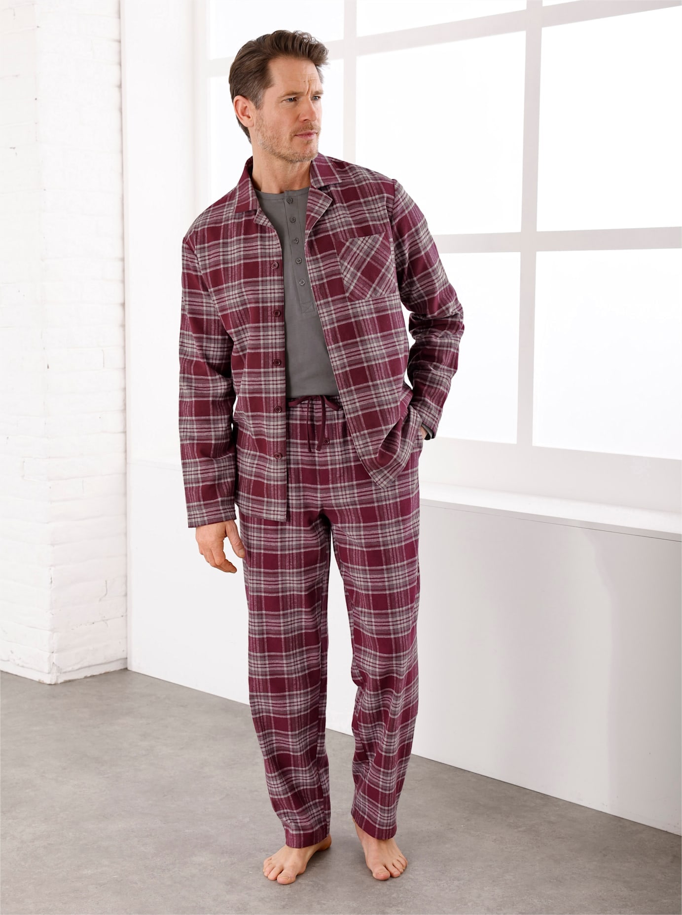 Pyjamaoberteil WÄSCHEPUR "Schlafanzug-Shirt", Herren, Gr. 44/46, grau (burgund, steingrau, kariert), 100% Baumwolle, gemustert, kariert, mehrfarbig, Shirts Image