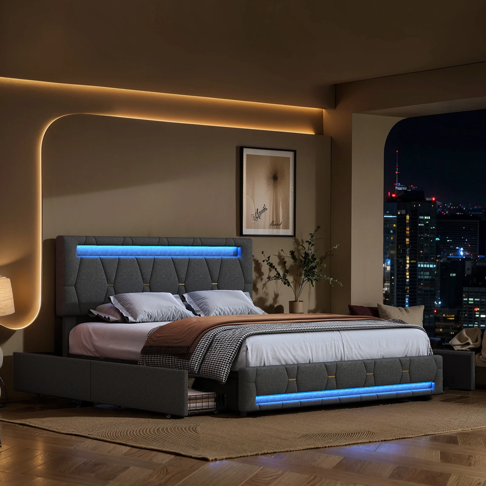 Rosahqnda Polsterbett, Doppelbett ohne Matratze, Leinenbettrahmen mit Kopfteil-Rückenlehne, 4 Schubladen, Doppelbett Image