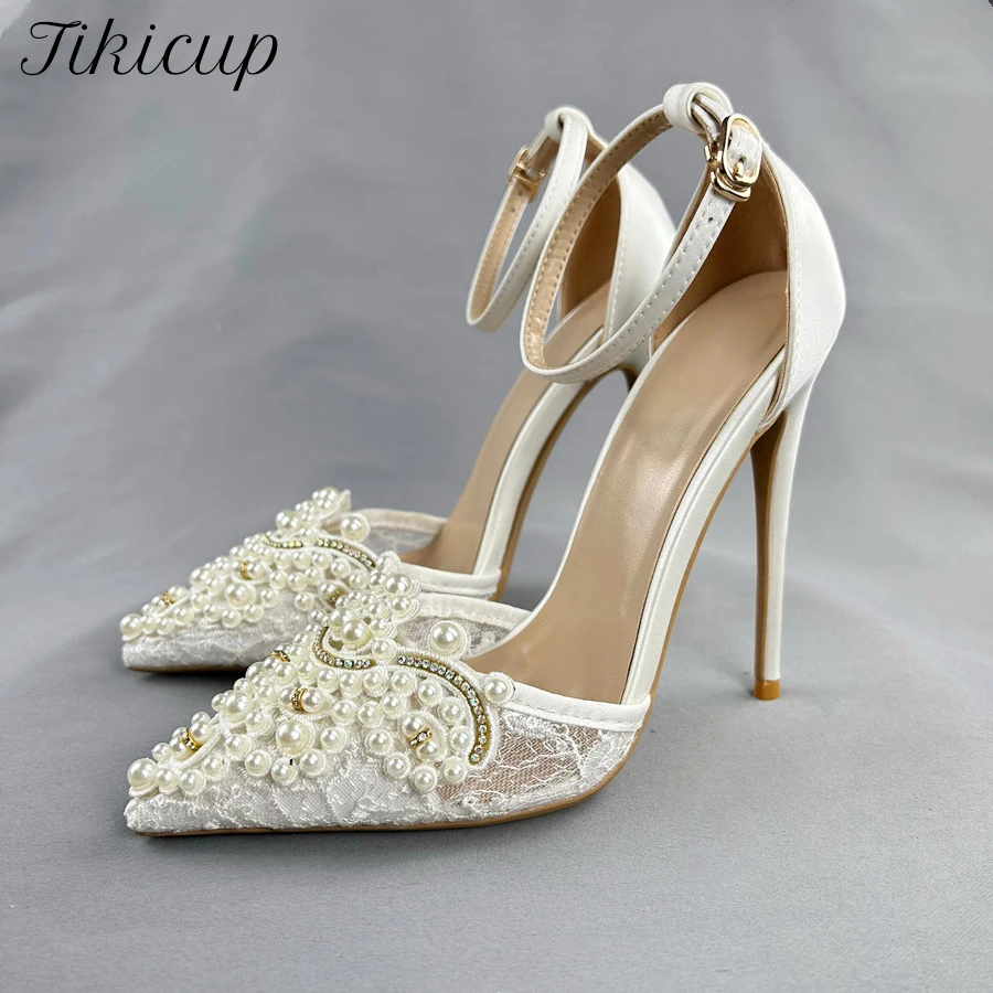 Neue Luxus Perle Spitze Frauen Sexy Weiß Satin Spitze Zehen Ankle StrapPumps High Heels Damen Hochzeit Schuhe Große Größe 33-46
