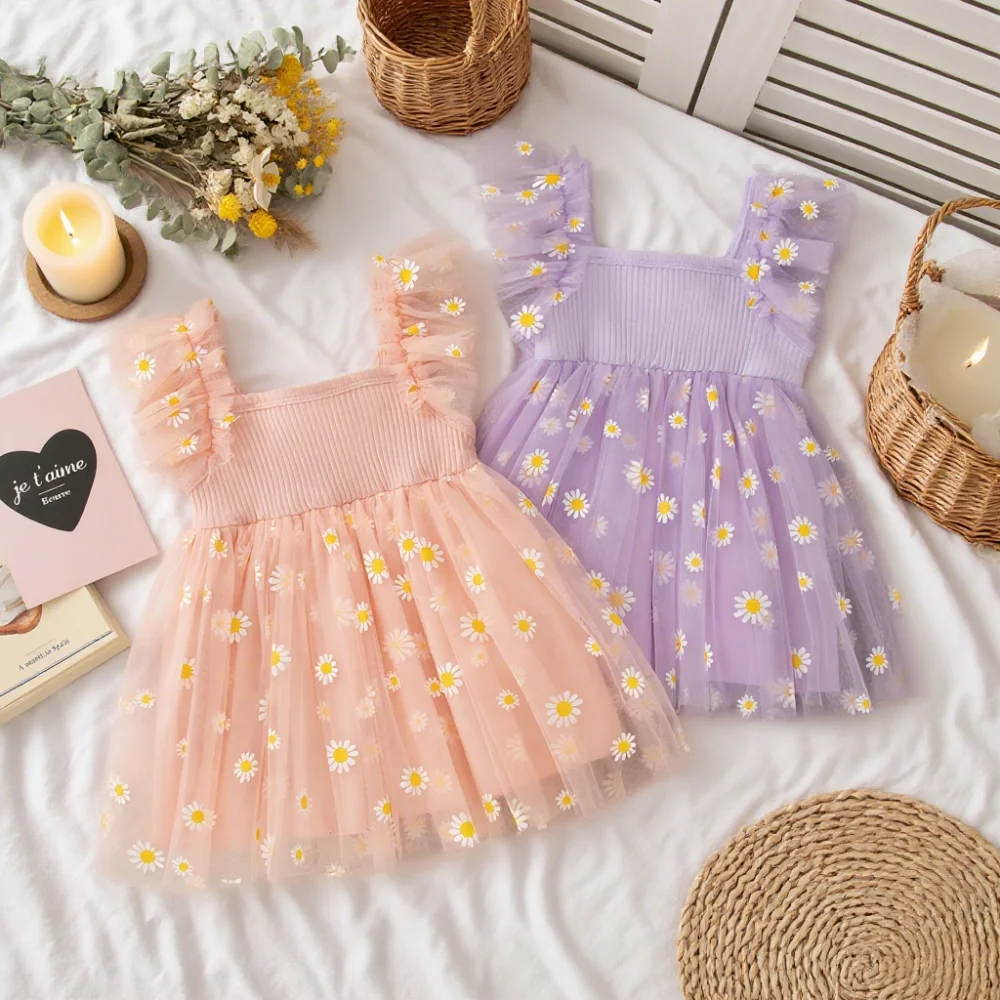 Baby Mädchen Kleid Sommer Daisy Mesh Kleine Fliegen Ärmeln Mädchen Kleid Niedliche Prinzessin Baby Kleid Baby Mädchen Kleidung ﻿ Image