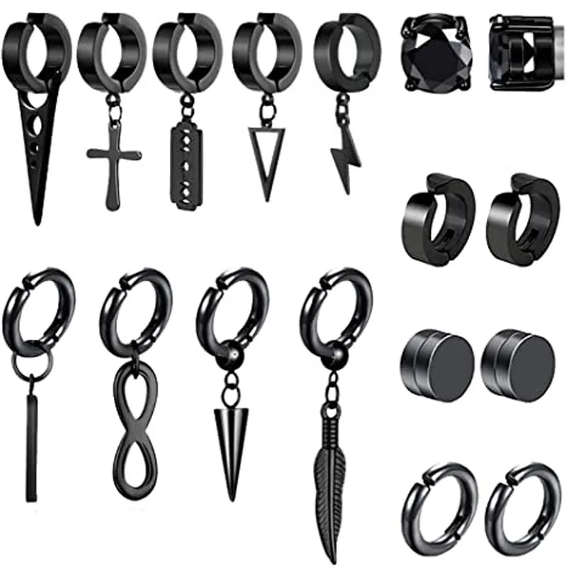 1-teilige Clip-On-Creolen für Männer und Frauen, Edelstahl, gefälschter, nicht durchdringender magnetischer baumelnder Ohrring, schwarzer Huggie-Creolen Image