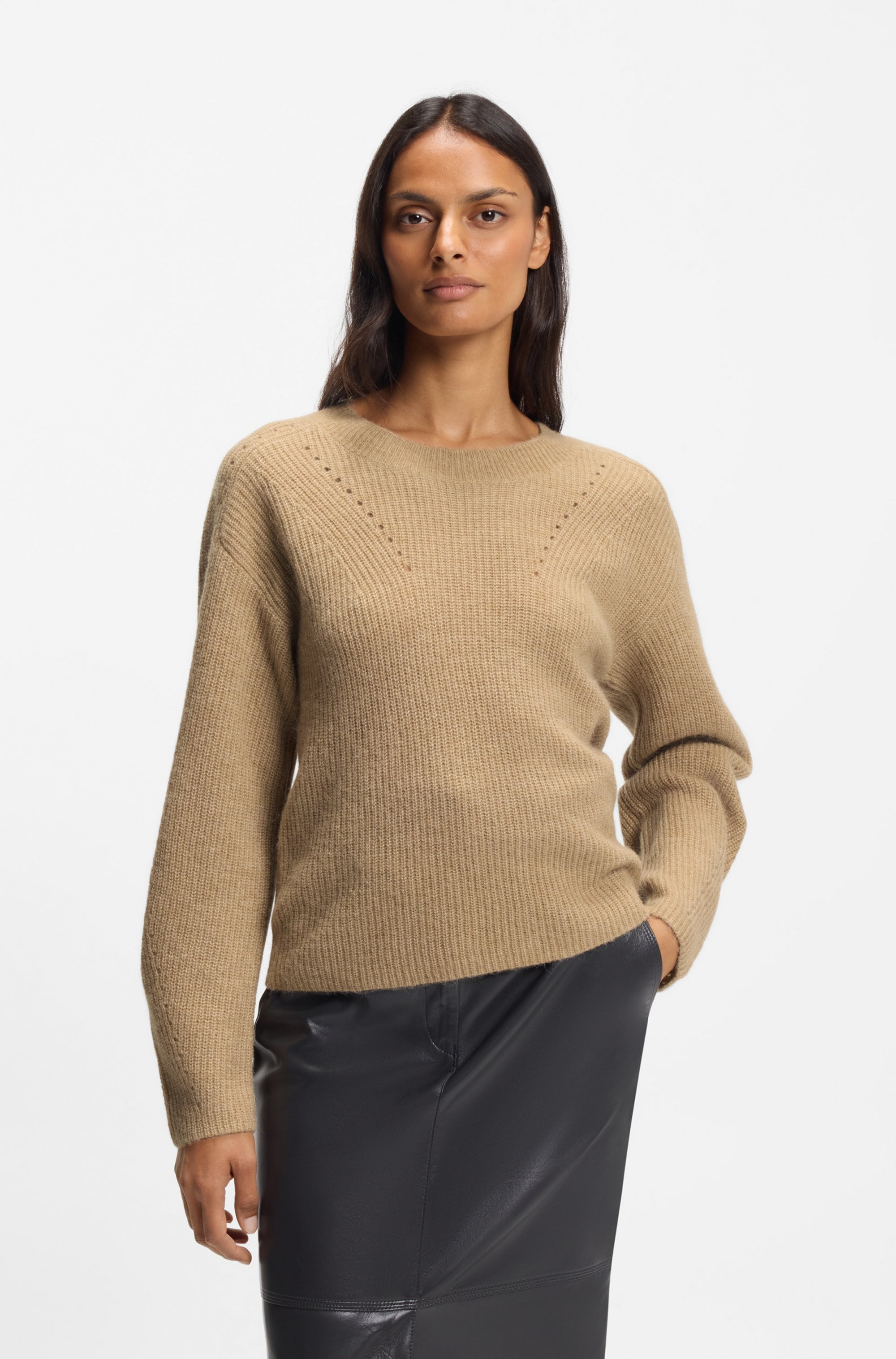 Strickpullover BOSS ORANGE "Fenne Premium Damenmode", Damen, Gr. M (38), rust, copper 222, Strick, Obermaterial: 35% Alpaka, 35% Wolle, 30% Polyamid, unifarben, normal, Rundhals, Pullover Strickpullover, mit Ajourlochmuster