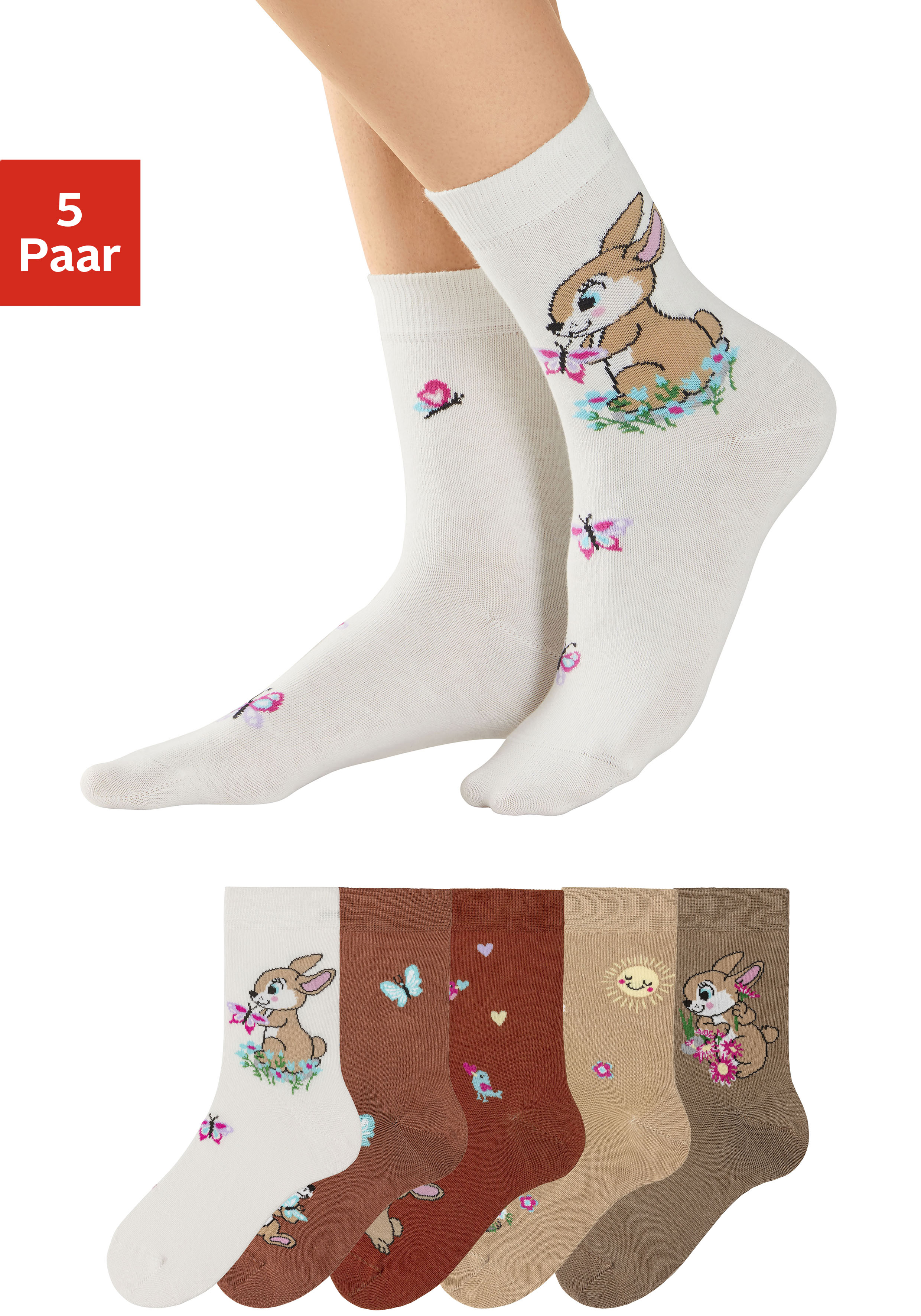 Basicsocken H.I.S, Kinder, Gr. 31-34, braun (1x ecru, 1x rostorange, 1x rostbraun, 1x dunkelbeige, 1x hellbraun), Baumwollmischung, gemustert, elastisch, Socken, mit Hasen Motiven Image