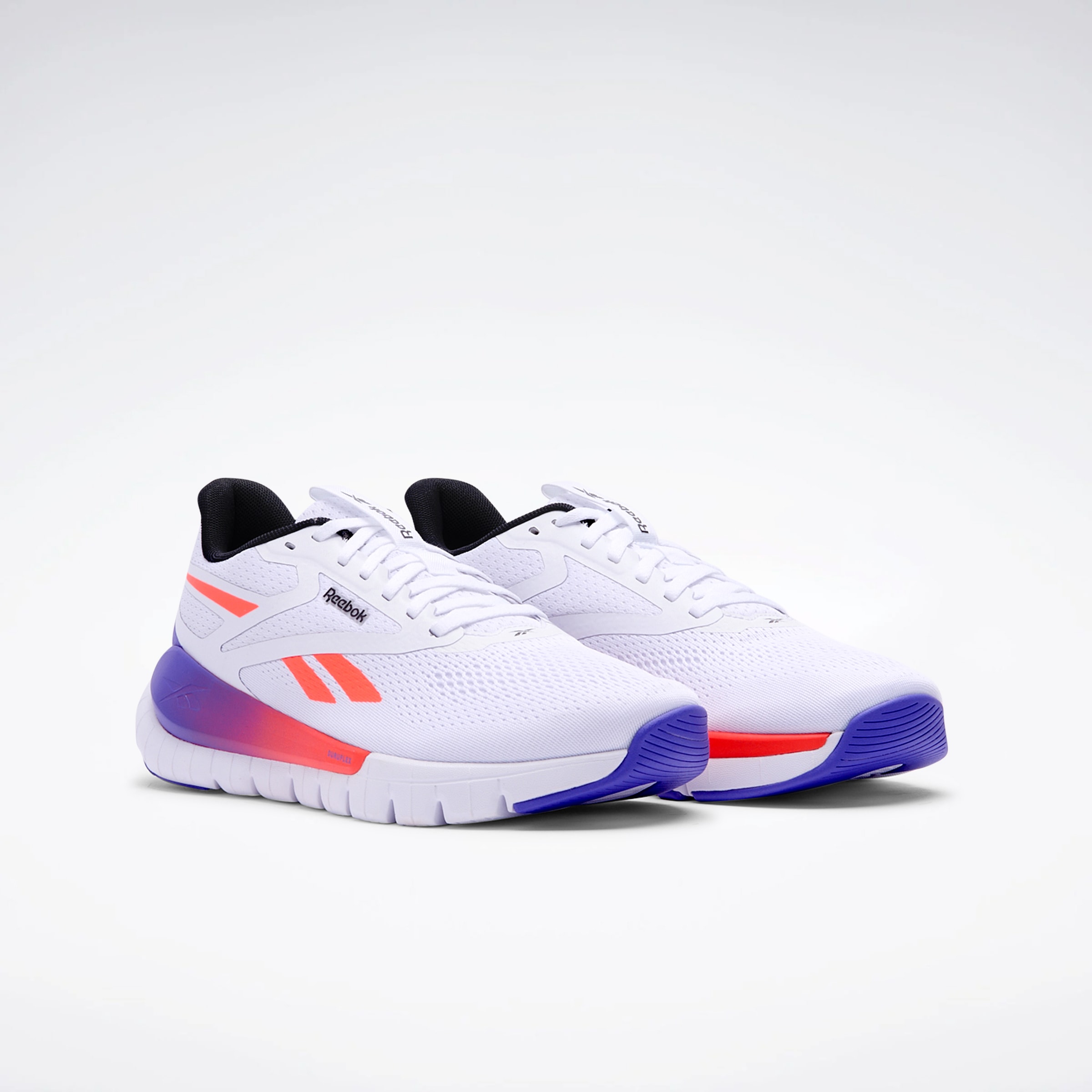 Trainingsschuh REEBOK "REEBOK FLEX TRAINER", Gr. 39, footwear weiß, flash orange, royal lila, Synthetik, Textil, Schuhe
