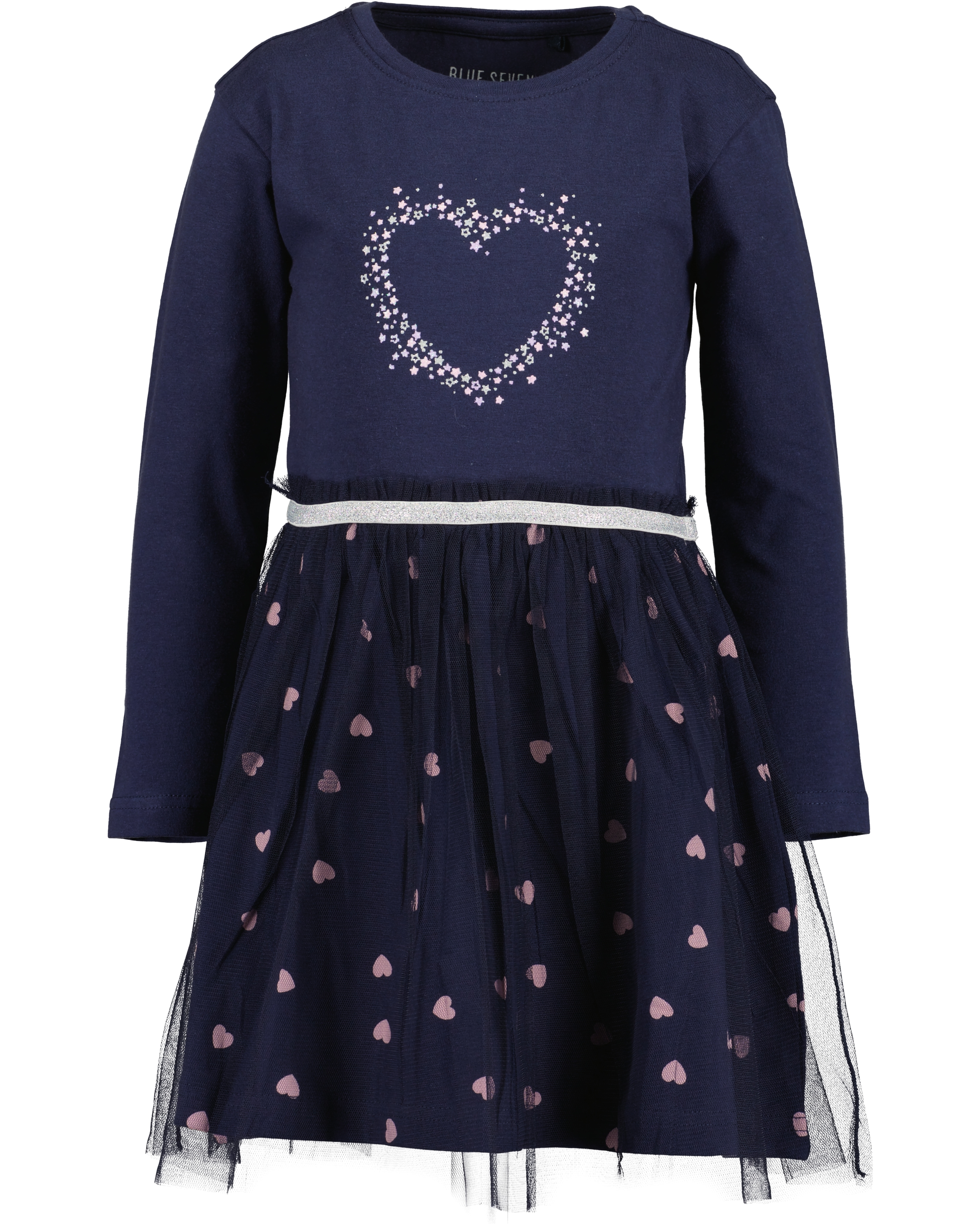 Jerseykleid BLUE SEVEN, Mädchen, Gr. 116, N-Gr, ultramarin, Jersey, Obermaterial: 95% Baumwolle, 5% Elasthan, bedruckt, regular fit kniebedeckend, Rundhals, abgesteppte Kante, Kleider, mit tollen Herzchen-Prints und aufgesetztem Tüll-Überrock Image