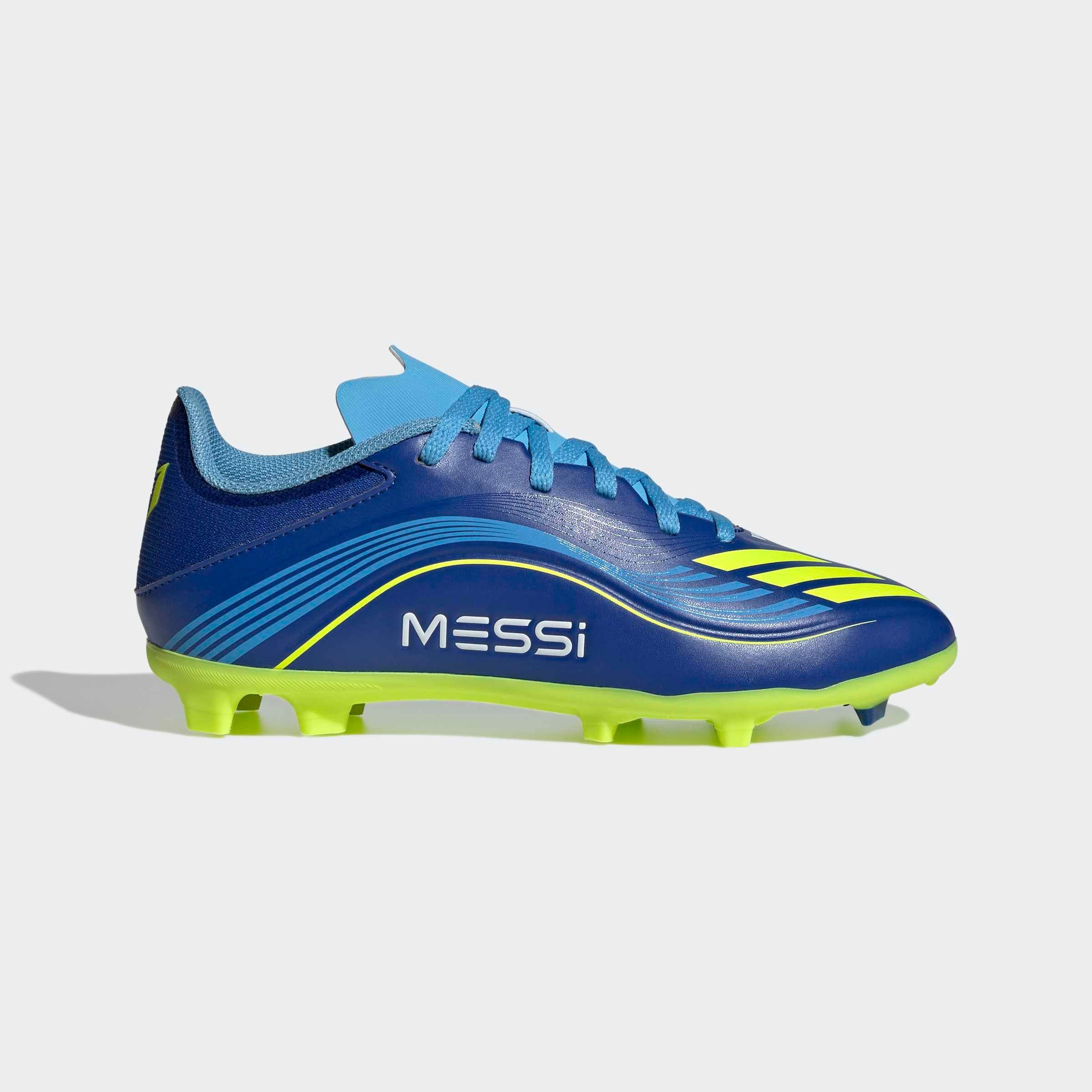 Fußballschuh ADIDAS PERFORMANCE "F50 MESSI LEAGUE KIDS FG/MG", Gr. 38, royal blau, solar gelb, semi blau burst, Synthetik, Schuhe, geeignet für Rasen- und Kunstrasenplätze Image