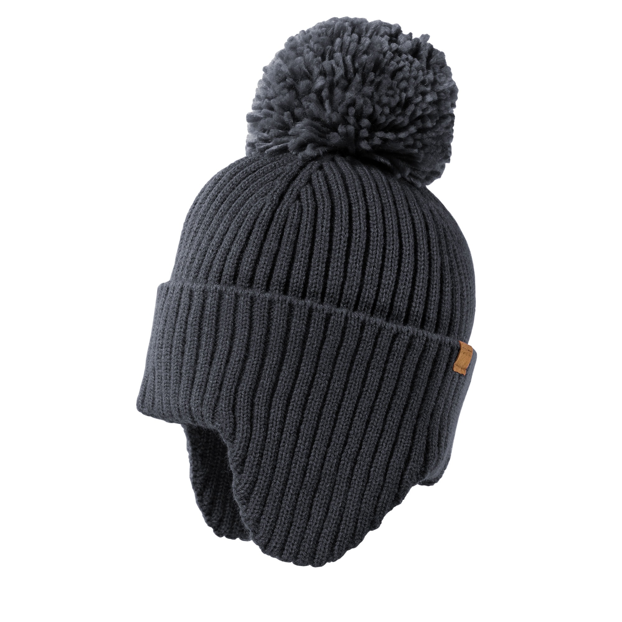 Strickmütze MAXIMO, Baby, Gr. 53/55, grau (grau, blau), Strick, Materialmix, unifarben, Mützen, wärmend, breiter Umschlag, Ohrenklappen, Bommel Image