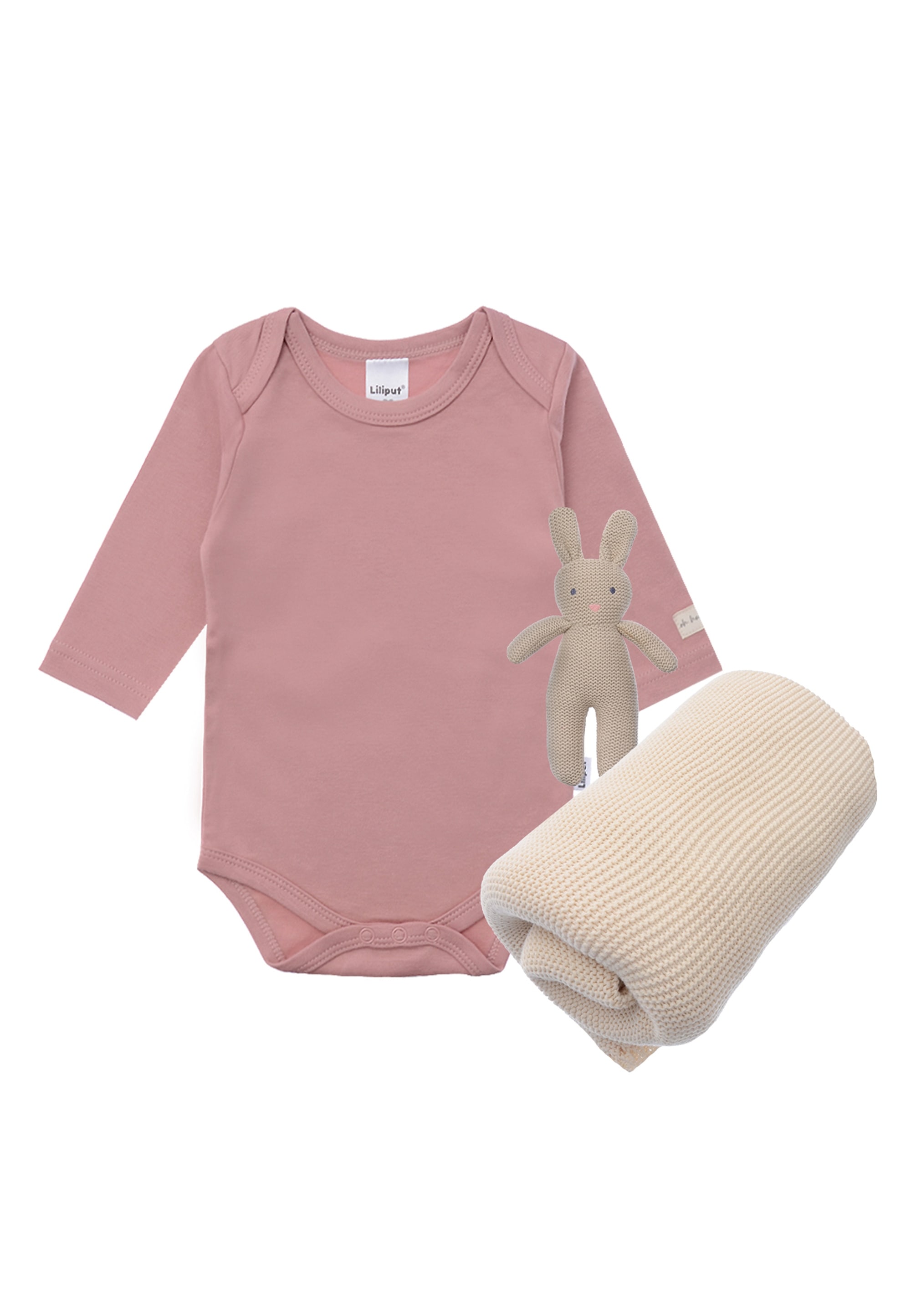 Erstausstattungspaket LILIPUT "Strickhase Lou", Baby, Gr. 86/92, braun (braun, rosa), 100% Baumwolle, KOB Set-Artikel, mit Body, Strickhase Lou und Decke Image