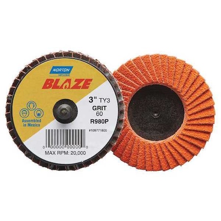 NORTON ABRASIVES 77696090151 Flap Disc, 3 in Dia, 40 Grit, Type 27