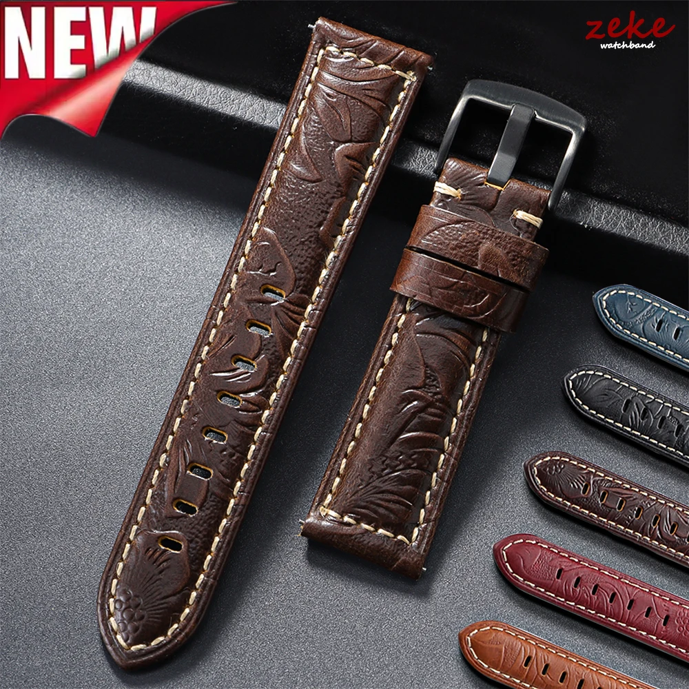 Handgefertigtes Crazy Horse-Leder-Uhrenarmband aus Rindsleder, 20 mm, 22 mm, 24 mm, 26 mm, universelle geschnitzte Bänder, schwarze Schnalle, Schnellverschluss-Armband Image