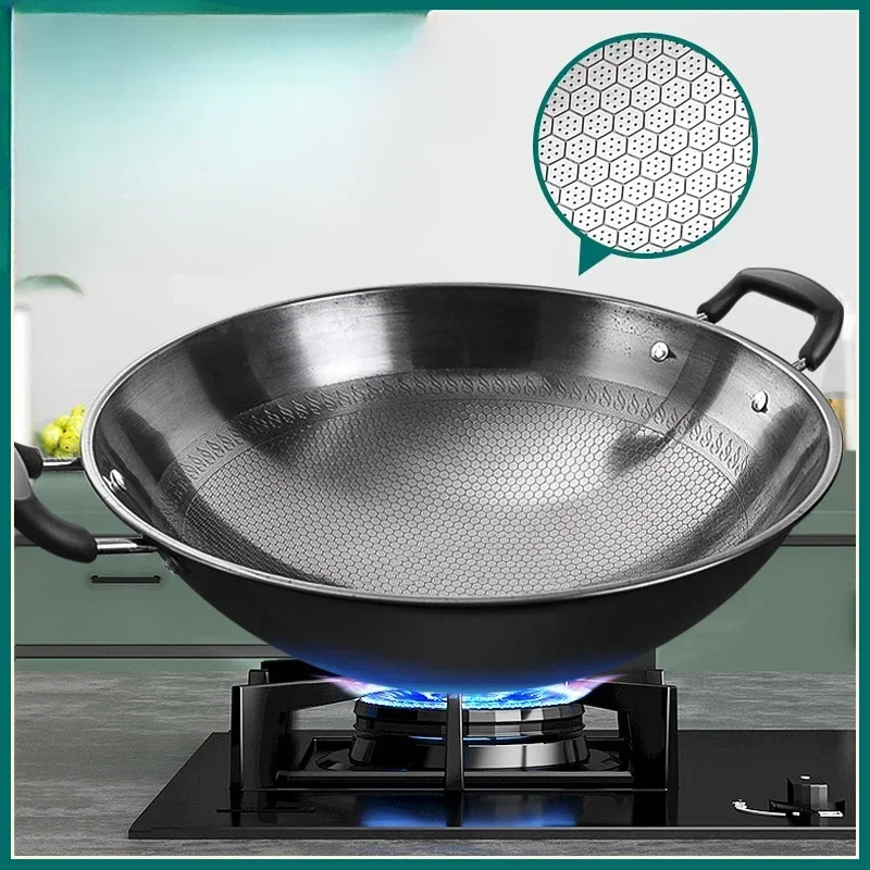 Deutscher Wok-Waben-Antihaftpfanne mit doppeltem Ohr, große Eisenpfanne, Bratpfanne für den Haushalt, runder Boden, nicht beschichtet, rostfrei, Gasherd Image